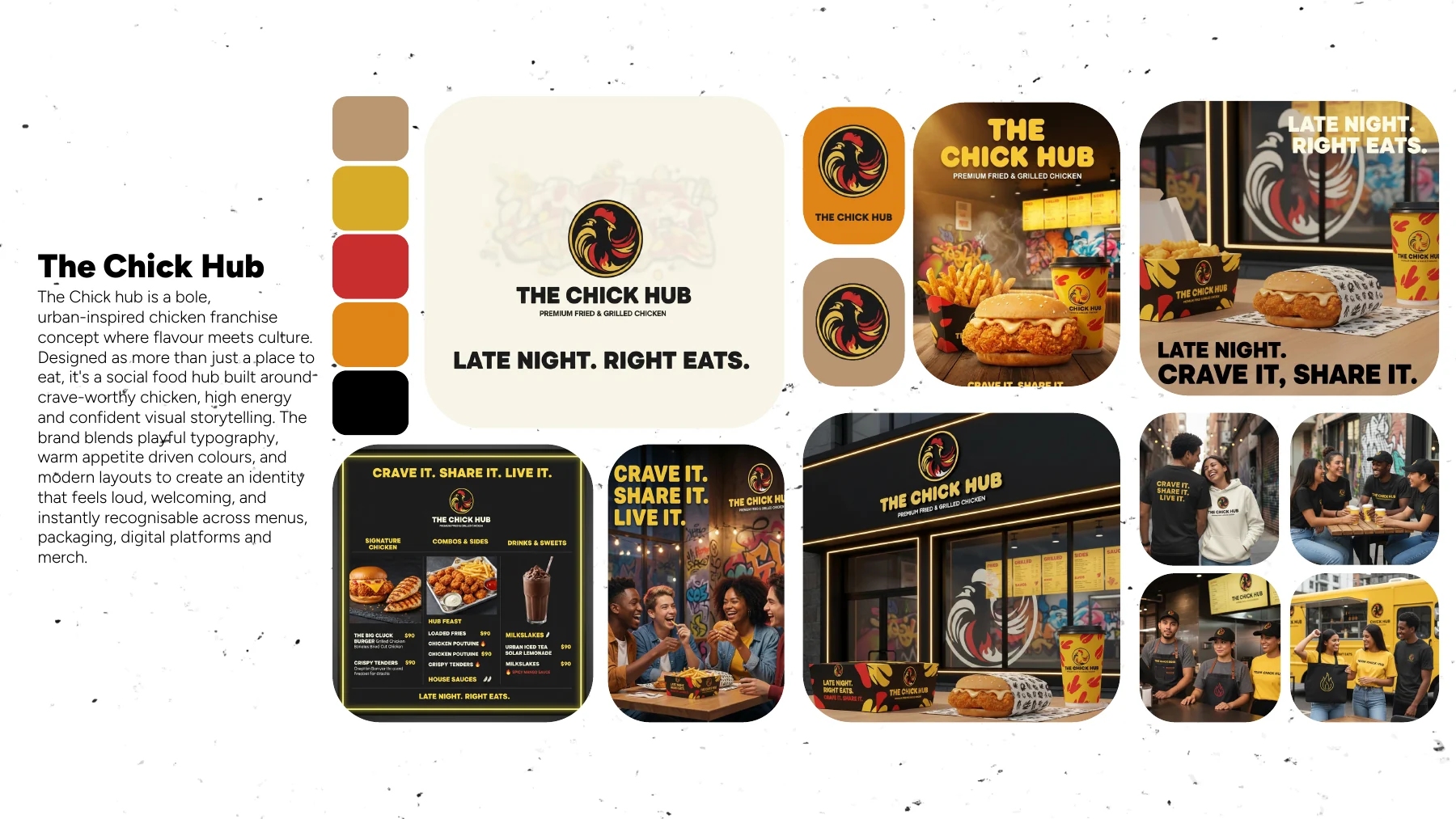 The Chick Hub branding board with logo, colours, packaging, restaurant and social media mockups