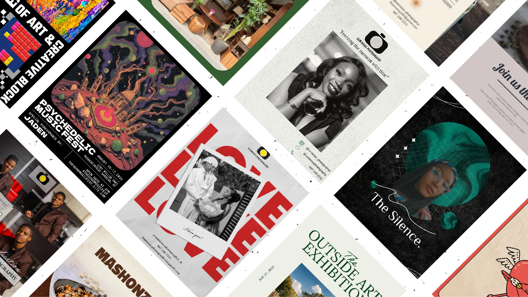 Overlapping poster designs featuring events, food, photography, and exhibition artwork