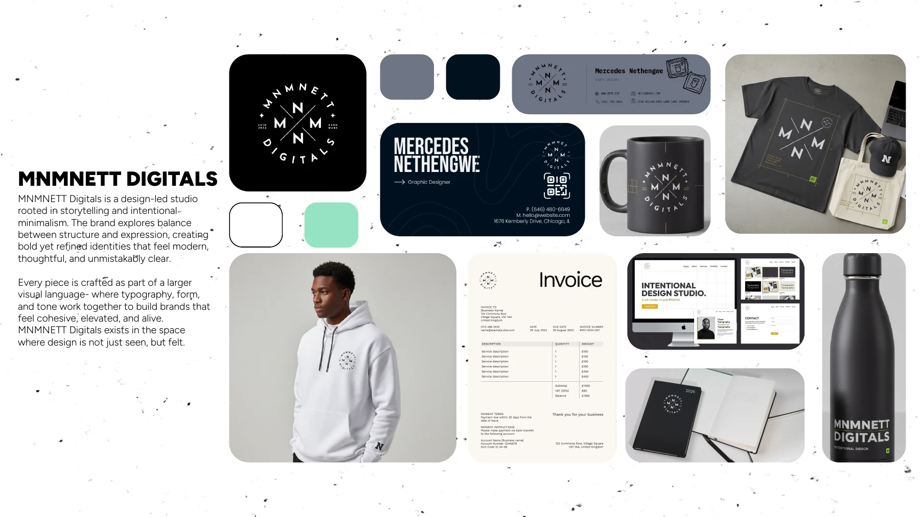 MNMNETT Digitals brand board with visual identity and stationery, clothing, and web mockups