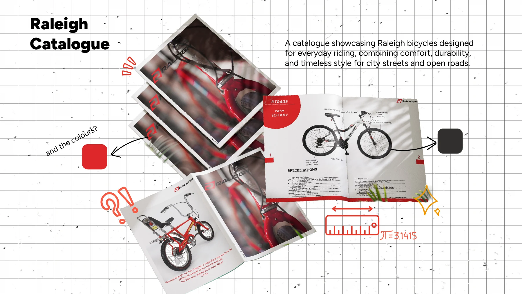 Raleigh bicycle catalogue spreads with product photography, annotations, and red graphic accents